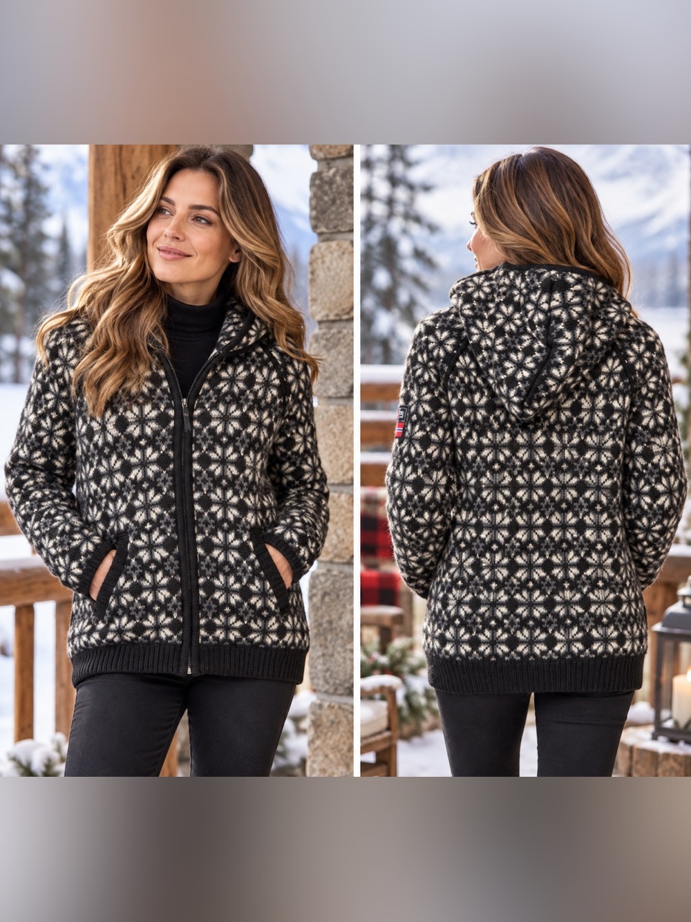 NOR WEAR Norway Nordic Fair Isle 100% Pure New Wool Lined Hooded Sweater Jacket